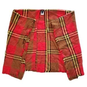Lands End Poncho Open Shawl Cape One‎ Size Red Brown Plaid Check Wrap Fringe